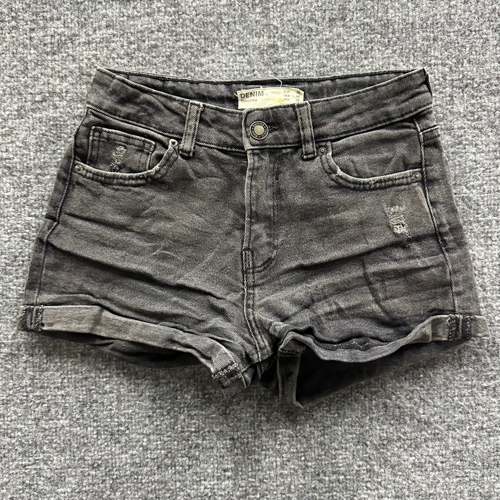 Bershka Denim Shorts Womens Size 4 Black Distressed Cuffed Hem Casual Summer